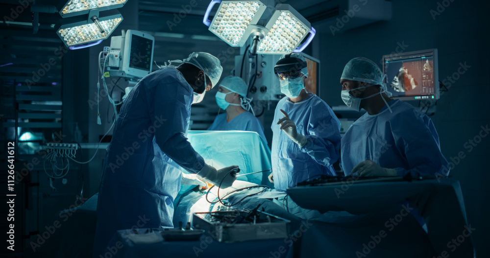 Poster Lead Surgeon Navigating Complex Steps in Real-Time with the Help of an Augmented Reality Glasses. Female Medical Professional is Aided by Nurses and Surgical Assistants in a Coordinated Teamwork