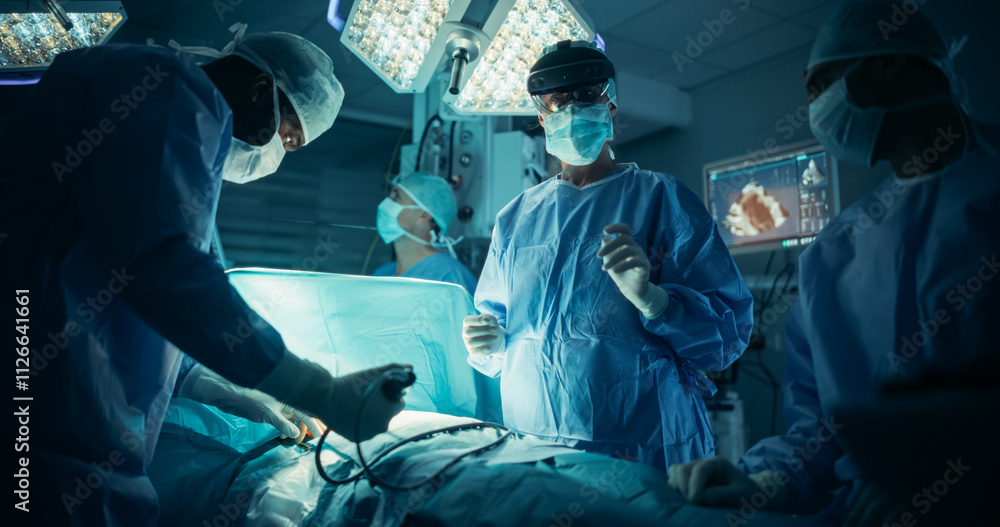 Poster operating team following directions of a female surgeon using augmented reality headset, where a dig
