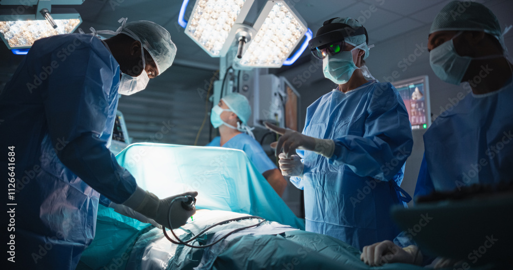Aufkleber during an invasive medical surgery in an operating room, female surgeon taps into personal patient d