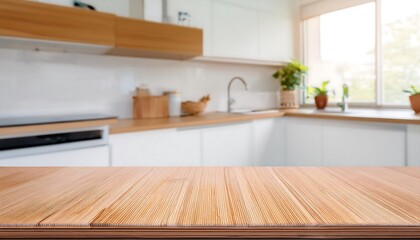 Modern kitchen interior with table and wooden design featuring elegant furniture and spacious hardwood floors in a contemporary living space