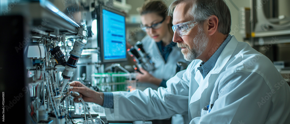 Aufkleber senior scientist in lab coat works on advanced equipment in modern laboratory, with colleague in bac