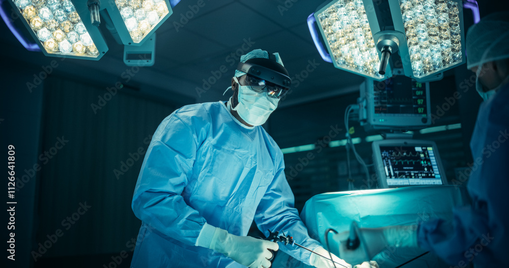 Aufkleber during an invasive medical surgery in an operating room, african surgeon taps into personal patient 