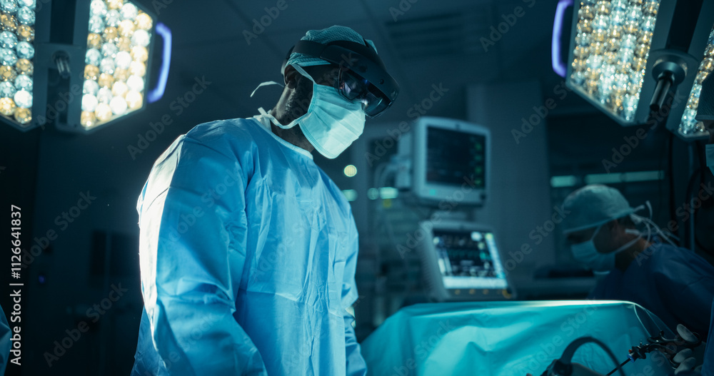Aufkleber during an invasive medical surgery in an operating room, african surgeon taps into personal patient 