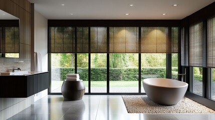 Fototapeta premium Modern bathroom with a freestanding tub and large windows overlooking greenery.