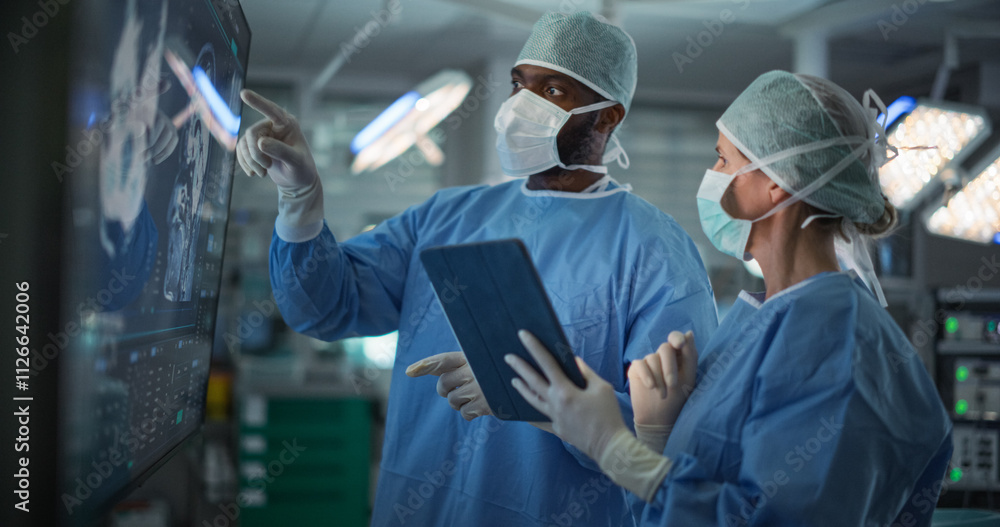 Poster Diverse Colleagues Having a Discussion In the Operating Room. Female and Male Surgeons Evaluate Complex Brain Scans on a Large Display, Strategizing the Next Steps for the Operation