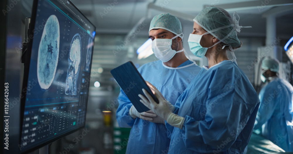 Poster before beginning the surgery, female lead surgeon and an assistant looking at detailed brain scans o