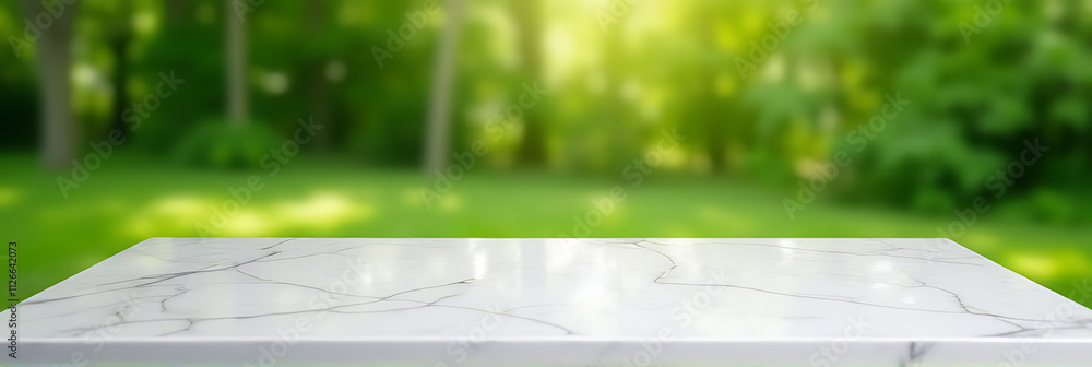 Poster a marble tabletop with a blurred green garden in the background creates a selective focus effect thr