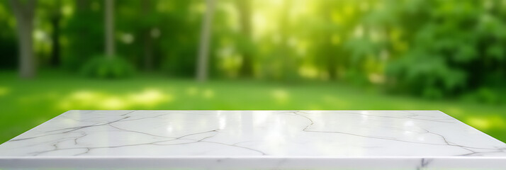 A marble tabletop with a blurred green garden in the background creates a selective focus effect through its design._00001_