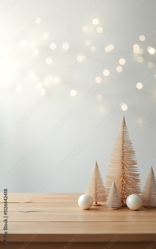 Poster A minimalist Christmas decoration idea features an empty wooden table with a simple yet elegant white bokeh background._00001_