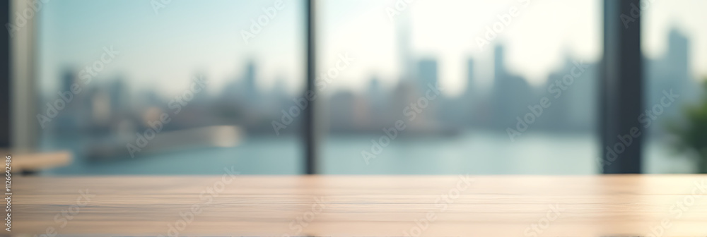 Poster a minimalist design features a plain wooden table surface partially blurred by the reflection of a d