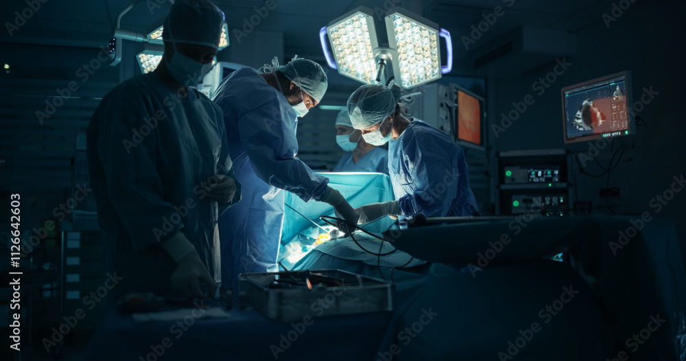 Poster Deep in the Process of an Emergency Surgery, Diverse Team of Healthcare Professionals Navigating Each Stage of the Operation with Extreme Concentration, Uniting Their Skills to Perform the Procedure