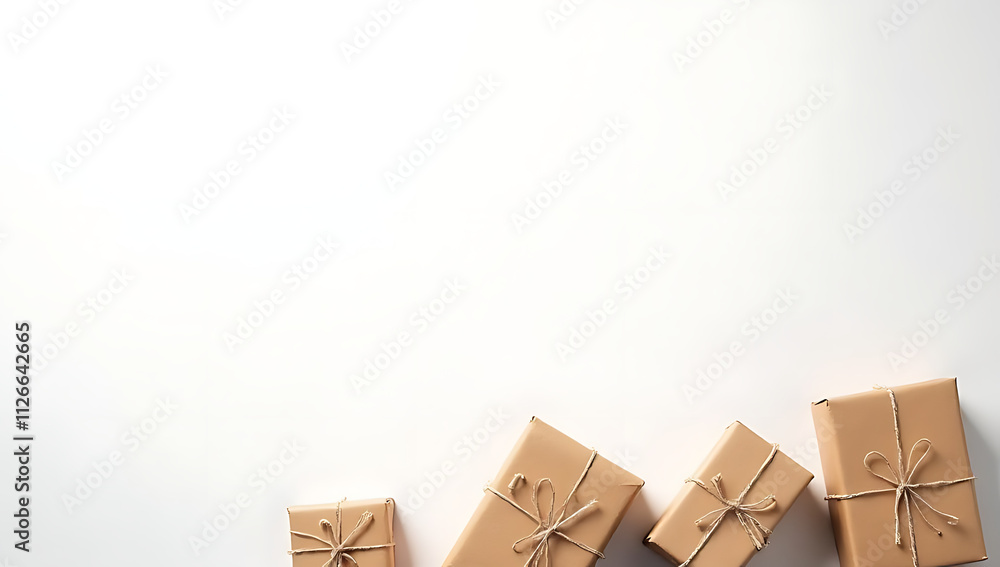 Poster a minimalist flat lay design featuring a collection of gift boxes wrapped in kraft paper on a white 
