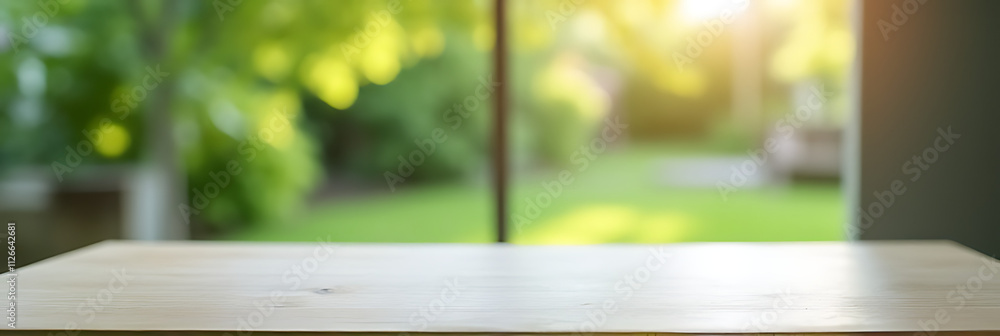Aufkleber A minimalist table sits empty in front of a blurred garden scene with a green tree and windowpane visible in the background._00001_