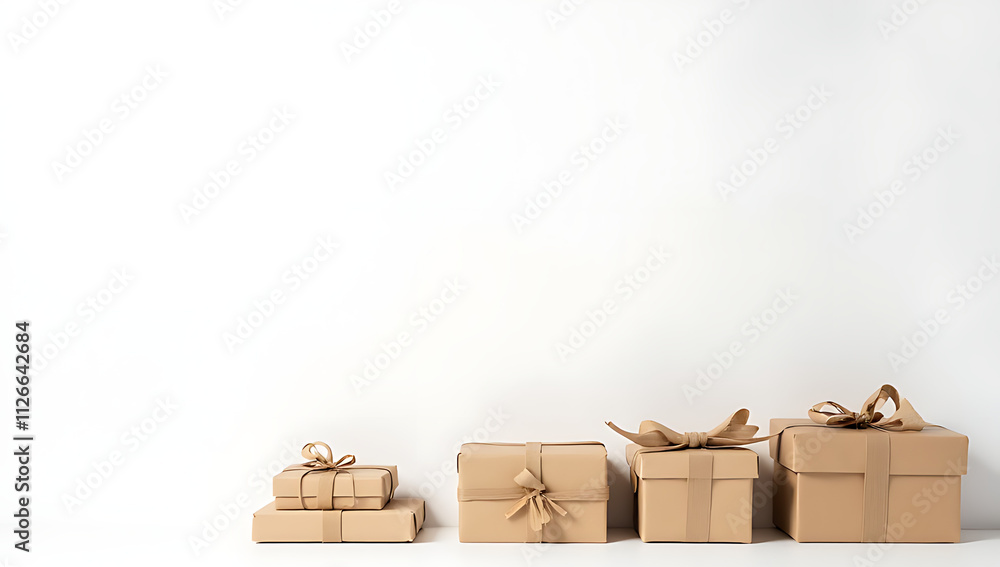 Poster a minimalist flat lay design featuring a collection of gift boxes wrapped in kraft paper on a white 