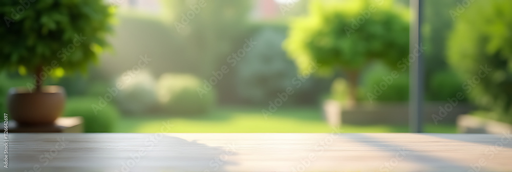 Aufkleber A minimalist table sits empty in front of a blurred garden scene with a green tree and windowpane visible in the background._00002_