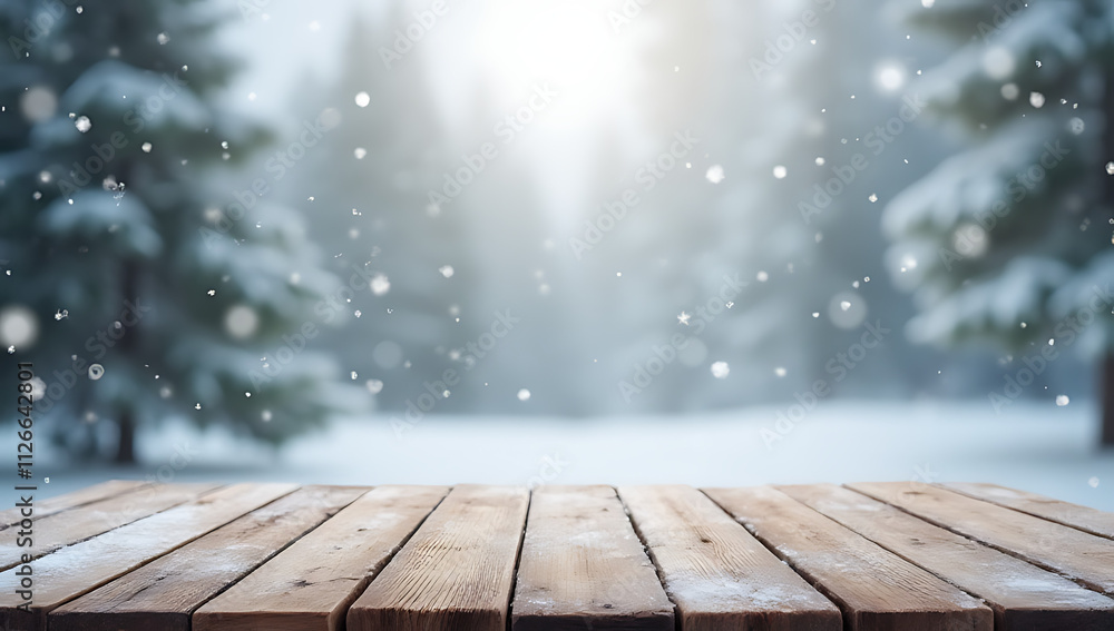 Poster A minimalist winter wonderland scene features an empty wooden table surrounded by soft snowflakes on a festive holiday background._00002_