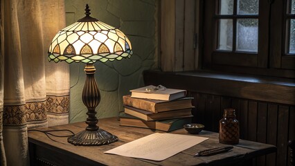 A Tiffany table lamp and a stack of books. A cozy, mysterious evening home atmosphere. Generative AI.