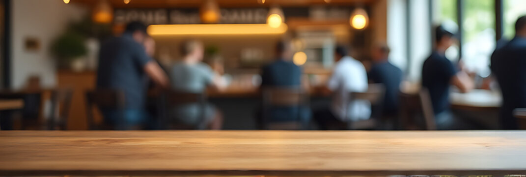 A minimalist wooden table sits atop a blurred background of people in a bustling coffee shop cafe restaurant, ideal for showcasing key visuals._00002_