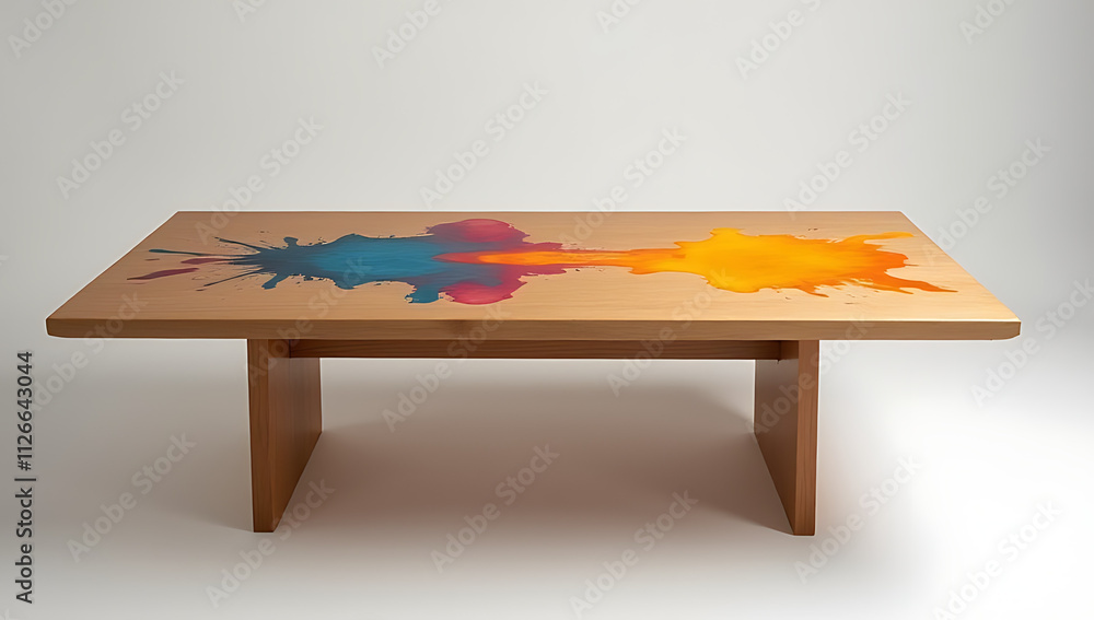 Aufkleber A minimalist wooden table with a vibrant abstract design features a bold splash of color as its focal point._00001_