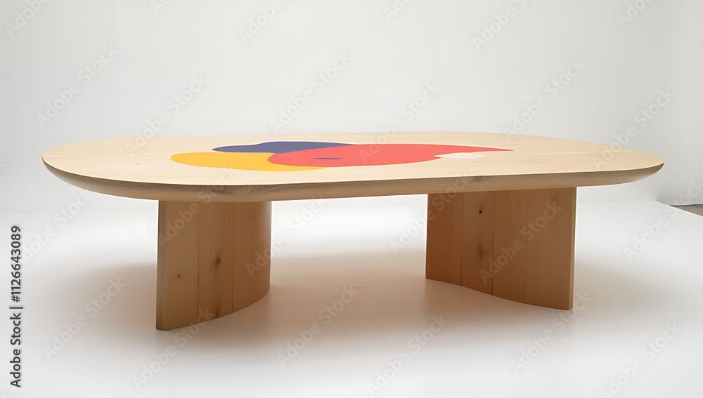 Poster A minimalist wooden table with a vibrant abstract design features a bold splash of color as its focal point._00002_