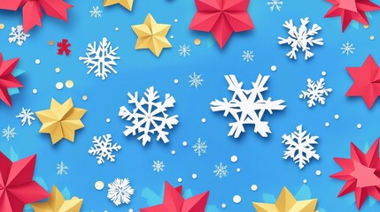 Colorful Cartoon Wallpaper Featuring Overlapping Paper Snowflakes and Decorative Stars on a Bright Blue Background for Festive Design