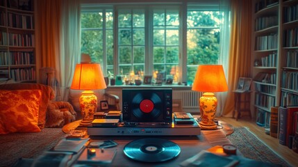 Cozy living room vinyl setup home music equipment warm lighting intimate ambiance nostalgic vibe