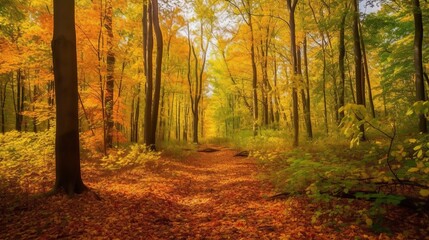 Fototapeta premium Autumn Forest Path Golden Sunlight Dappled Canopy