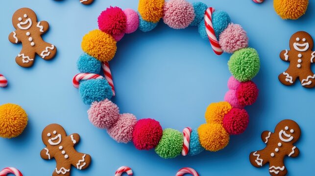 Colorful Cartoon-Inspired Wreath Made of Pom Poms and Candy Canes Surrounded by Cheerful Gingerbread Cookies on Blue Background