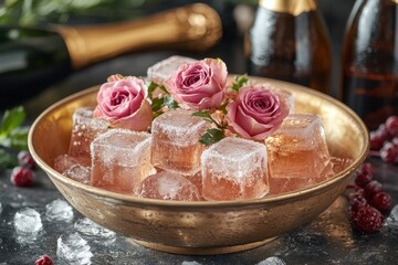 Delicate pink roses are beautifully encased in clear ice cubes, resting on a gold bowl. This arrangement adds a touch of elegance to any festive occasion, enhancing the ambiance