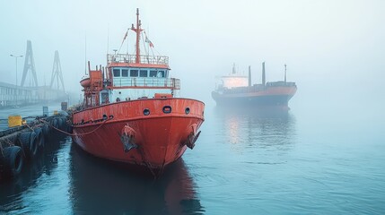 Fototapeta premium Majestic Red Ships in Foggy Harbor at Dawn, Emanating Tranquility and Mystery as Soft Mist Envelops the Water and Surrounding Structures