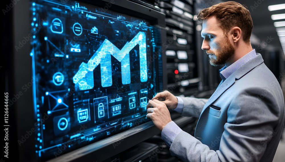 Poster data analyst reviewing upward trending graph on large screen in server room. businessman analyzing d