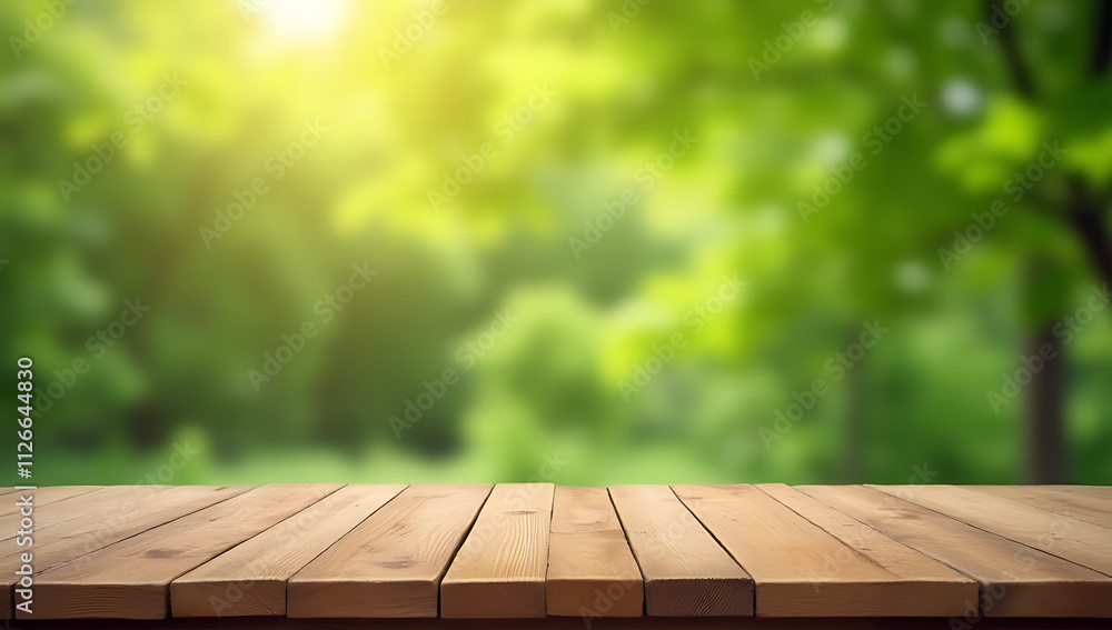 Poster A real wood table top with a blurred leafy garden background creates a selective focus effect._00001_