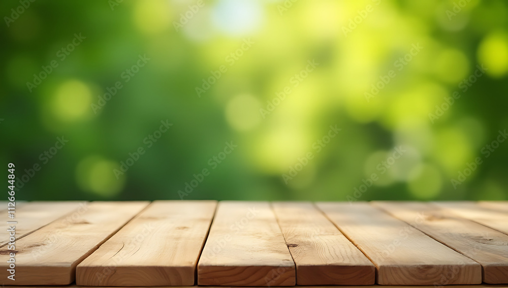 Poster A real wood table top with a blurred leafy garden background creates a selective focus effect._00002_