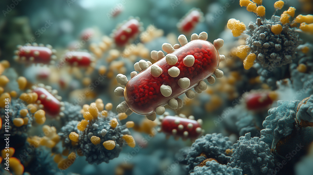 Poster microscopic world: a mesmerizing close-up of a colony of bacteria, capturing the intricate details o