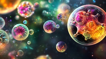 Naklejka premium Virus cells appear as glowing orbs, their intricate surfaces shimmering like liquid crystal under the biological microscope, radiating vibrant light.