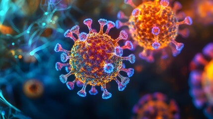 Microscopic virus cells glow like bioluminescent creatures, their intricate surfaces rippling with vibrant colors and geometric shapes.