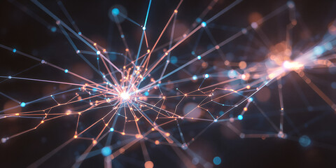 Fototapeta premium A dynamic network of interconnected nodes and lines, pulsating with vibrant blue and orange energy against a dark background.