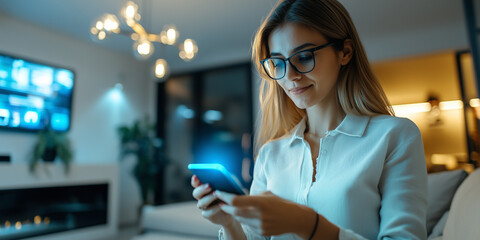 woman using smartphone to control smart lights in modern living room, illuminated by warm lighting and contemporary chandelier, creating cozy and tech savvy atmosphere