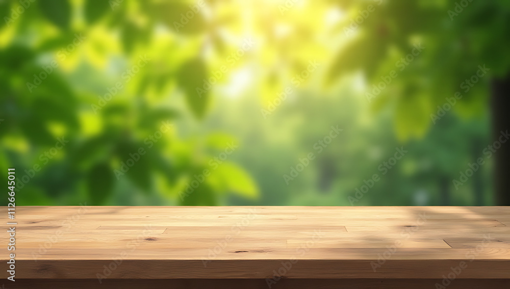 Poster A real wood tabletop with a blurred leaf tree background can be used for creating product displays and key visuals._00002_