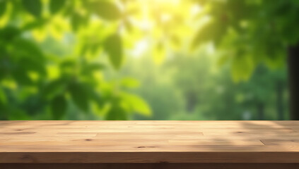 A real wood tabletop with a blurred leaf tree background can be used for creating product displays and key visuals._00002_