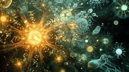 Glowing virus cells morph into crystalline structures, their surfaces etched with intricate, radiant patterns under the microscope.