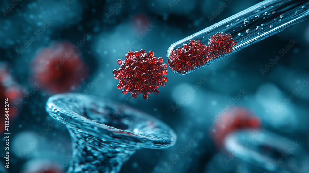Poster microscopic world: a single virus particle is being isolated from a sample using a pipette. the viru