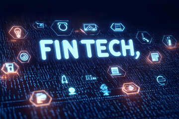 Futuristic Fintech concept image showcasing digital innovation in financial technology. Modern, abstract background with glowing icons.