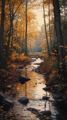 Fototapeta premium A serene autumn landscape with a winding creek surrounded by colorful foliage.