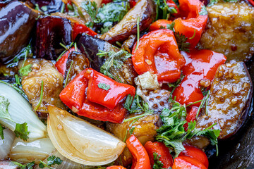 Grilled vegetable salad with zucchini, eggplant, onion, pepper and tomato