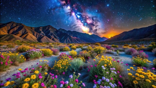Anza Borrego Spring Wildflowers Night Photography: Vibrant Blooms Under Starry California Sky
