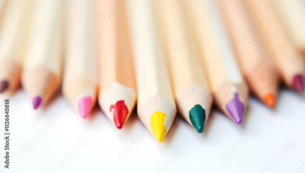 Poster A set of wooden pencils is arranged by color on a clean white surface to demonstrate artistic creativity and learning._00002_