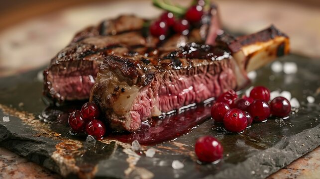 Ribeye bones with pure huck finn sauce atop a redberry studded limestone surface