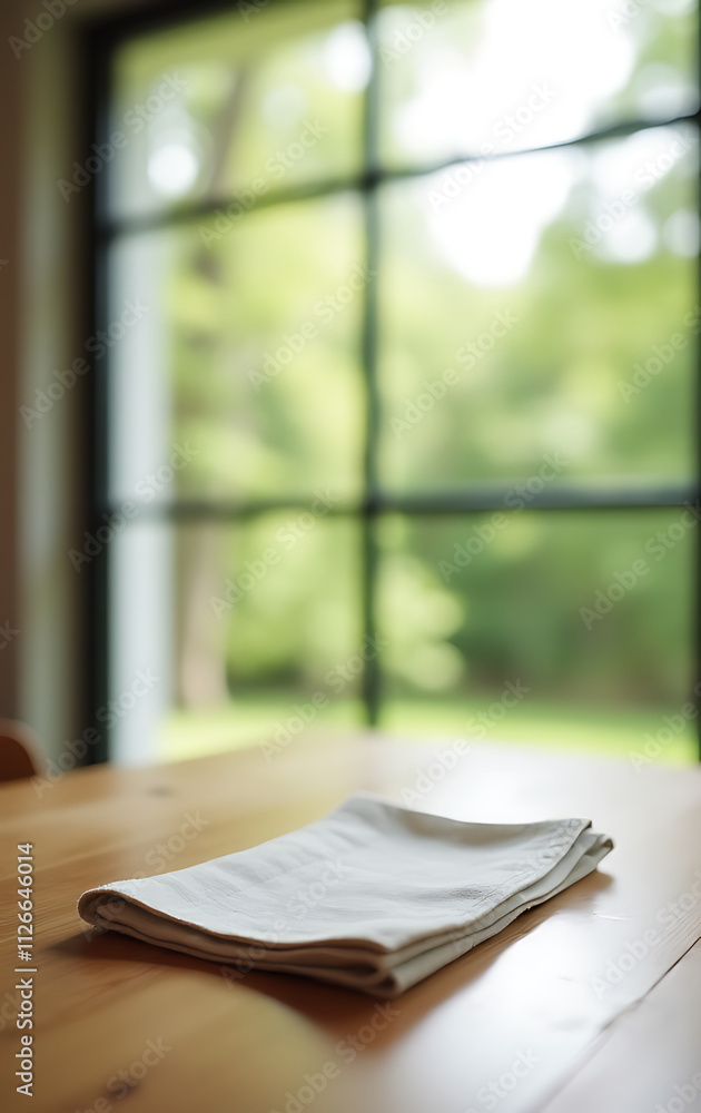 Poster a simple cloth napkin lies on a wooden table in front of a large glass window with a natural light f