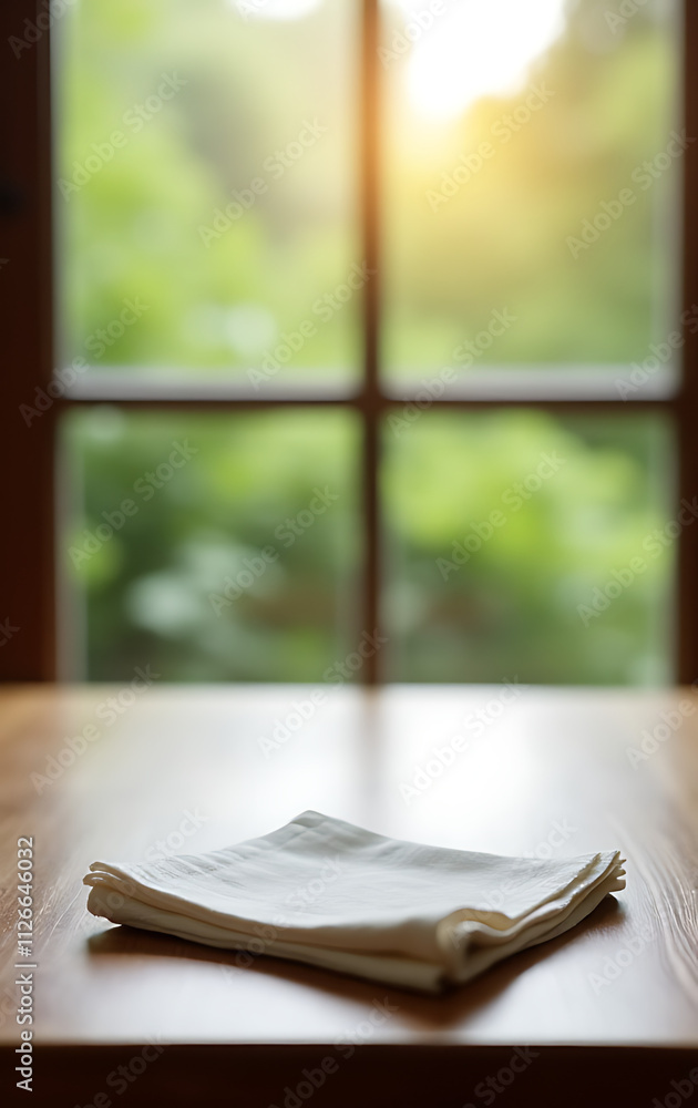 Poster A simple cloth napkin lies on a wooden table in front of a large glass window with a natural light filled view._00001_